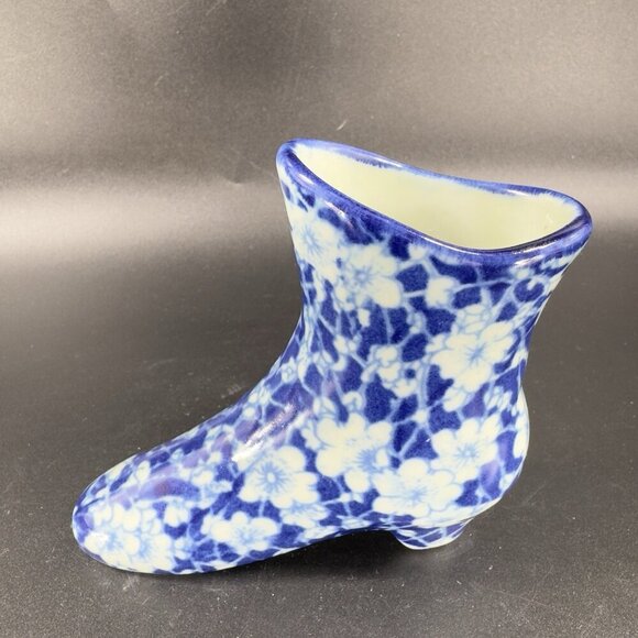 Vintage Victorian Era Inspired Ceramic Boot Shoe Planter Small Vase Floral Blue - Picture 10 of 13